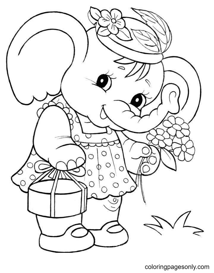 Cute Baby Elephant Holding Flowers And Gift Box Coloring Pages