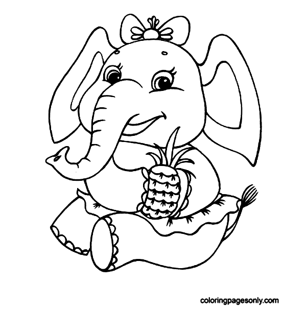 Cute Baby Elephant Holding a Pineapple Coloring Pages