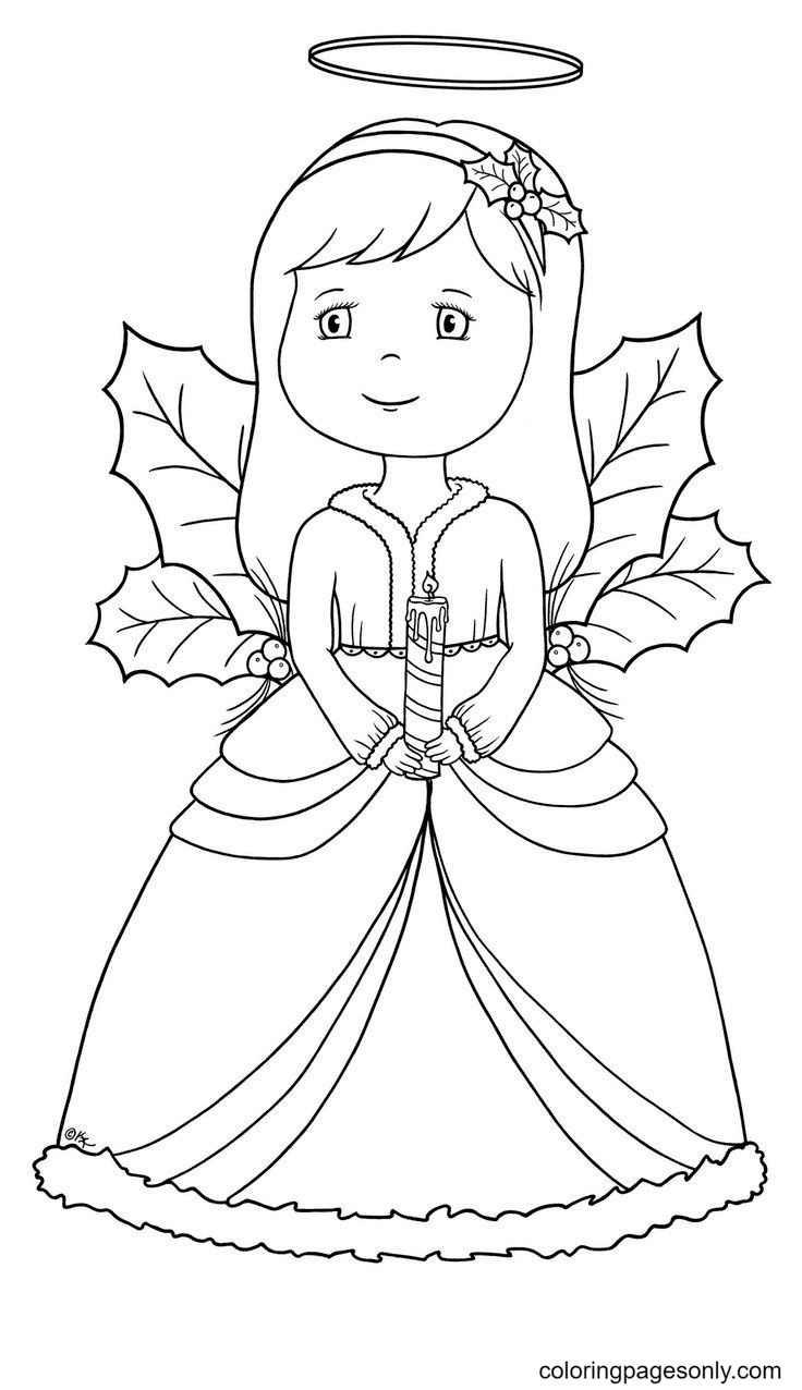 Cute Christmas Angel with Candle Coloring Page