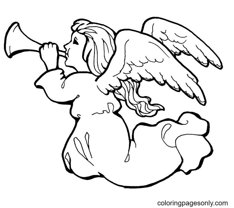 Cute Christmas Angel with Trumpet Coloring Page