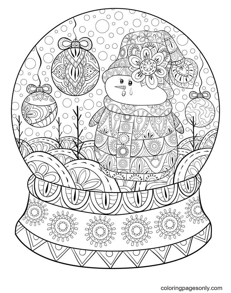 Cute Christmas Globe with Snowman Coloring Page