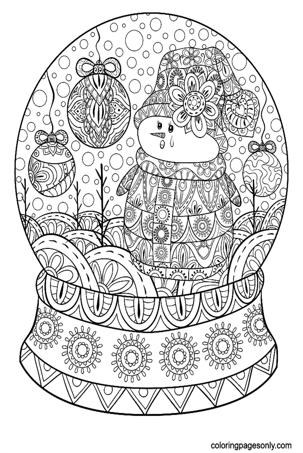 Cute Christmas Globe with Snowman Coloring Page