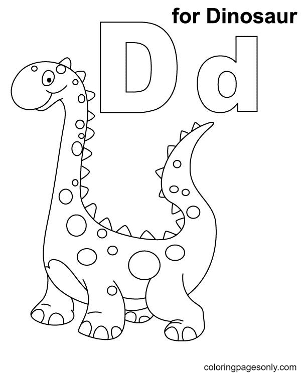 Cute Dinosaur and Letter D Coloring Page