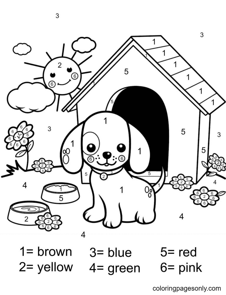 可爱的狗颜色由数字着色页