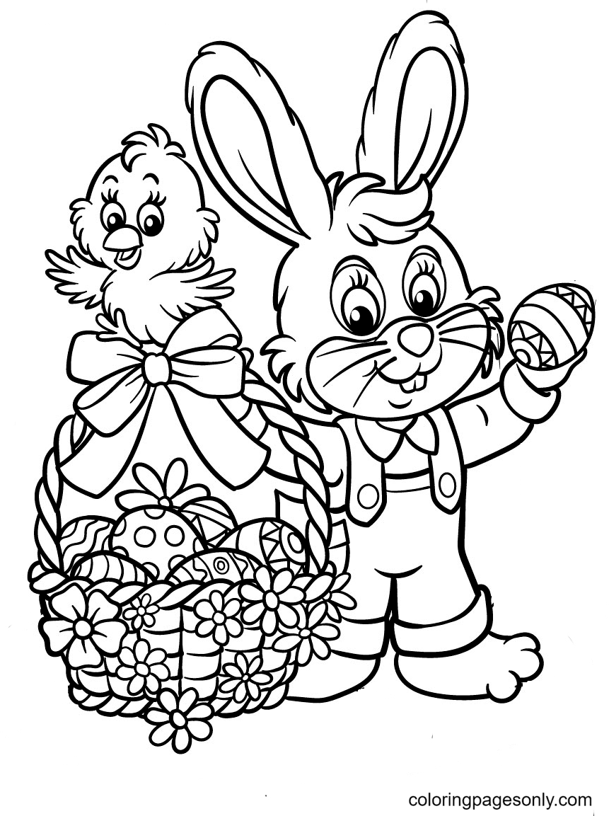 Cute Easter Bunny and Chick Coloring Pages