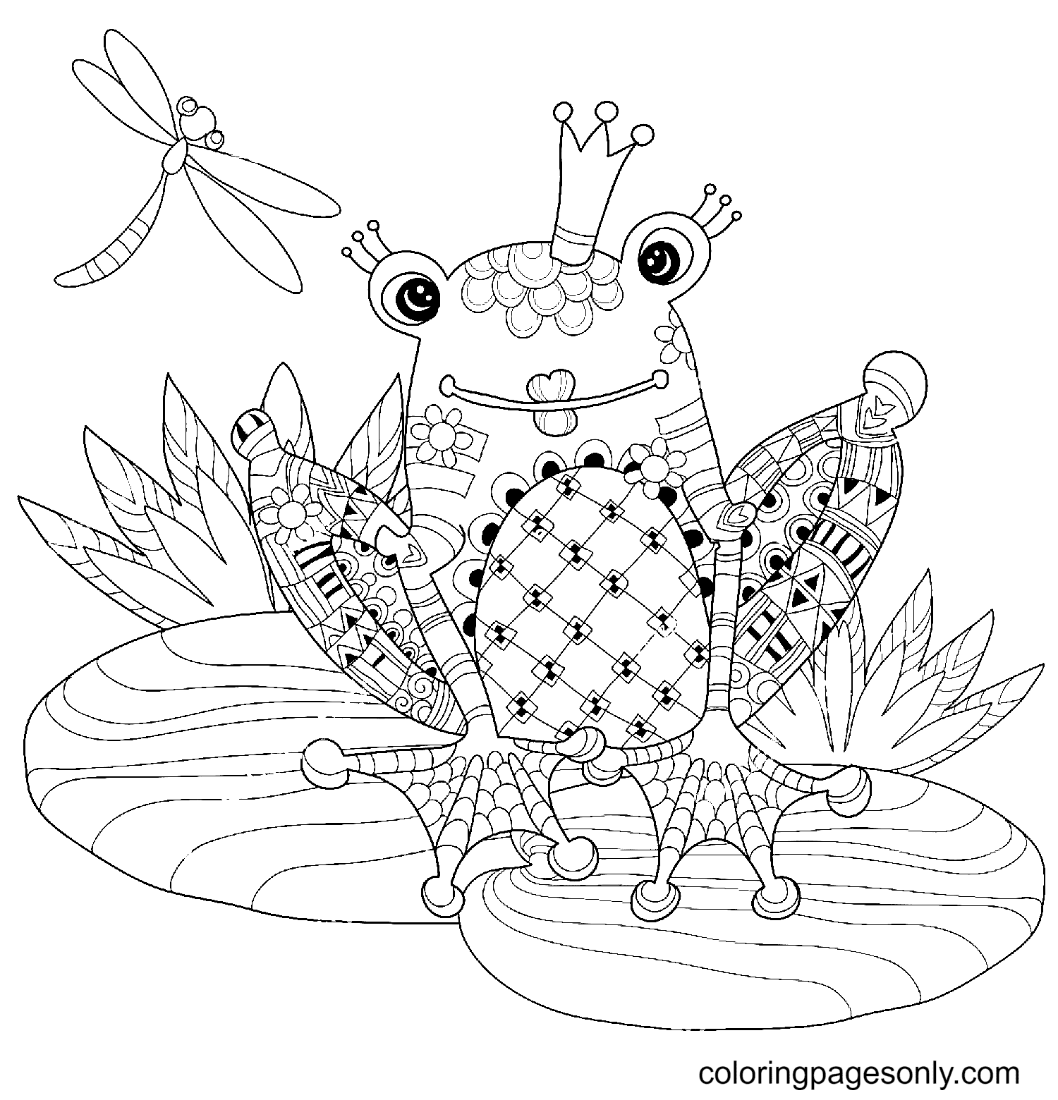 Cute Frog Prince in Crown With Lotus Coloring Pages