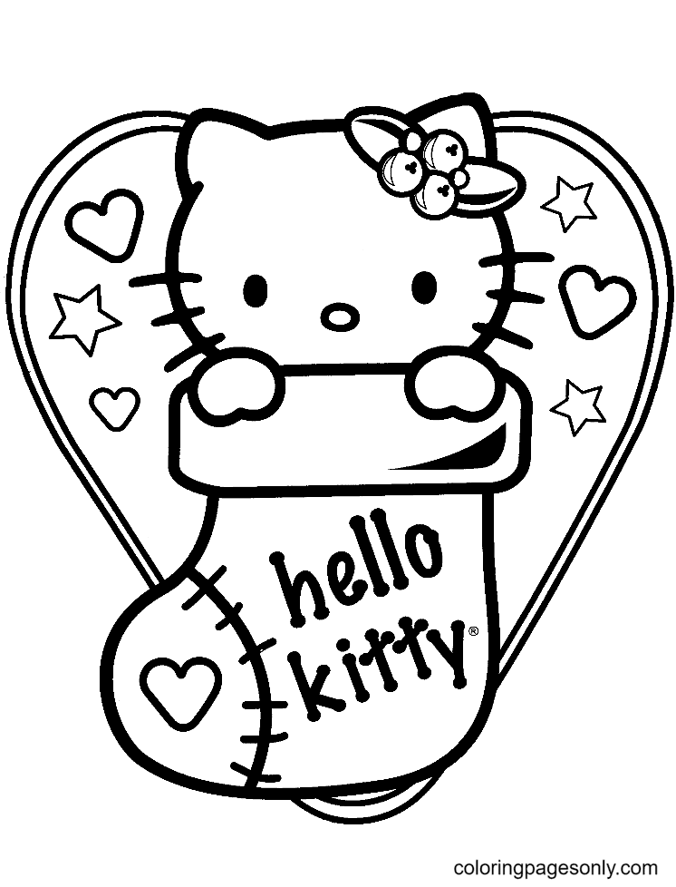 Página para colorir linda Hello Kitty em meias de Natal