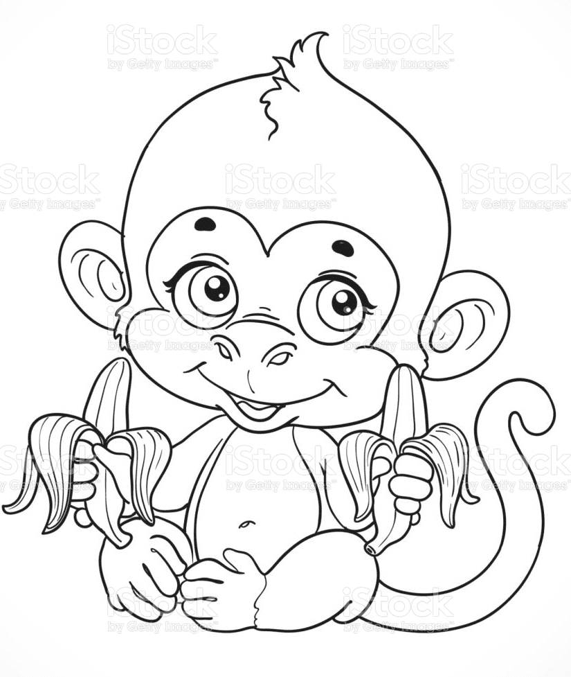 Cute Monkey with Bananas Coloring Page