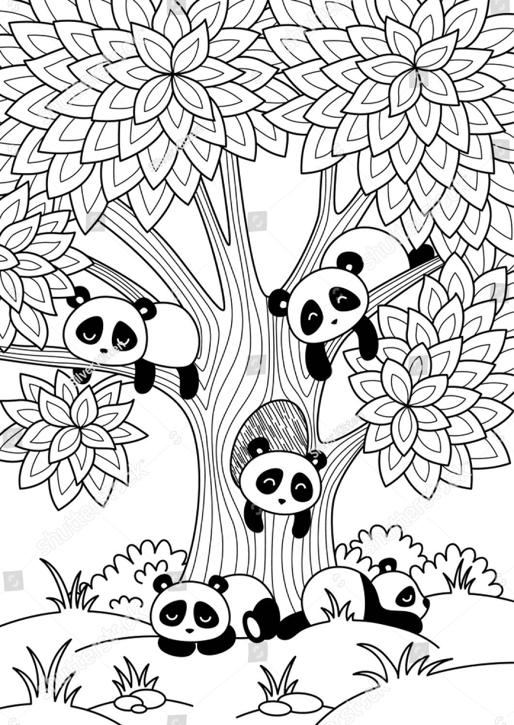 Cute Pandas Sleeping On Tree Coloring Pages