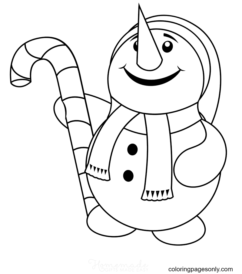 Cute Snowman with Candy Cane Coloring Page