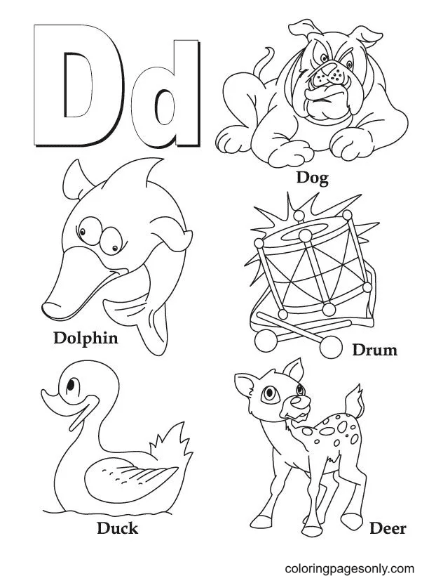 D Hond Dolfijn Drum Eend Hert Alfabet van Letter D