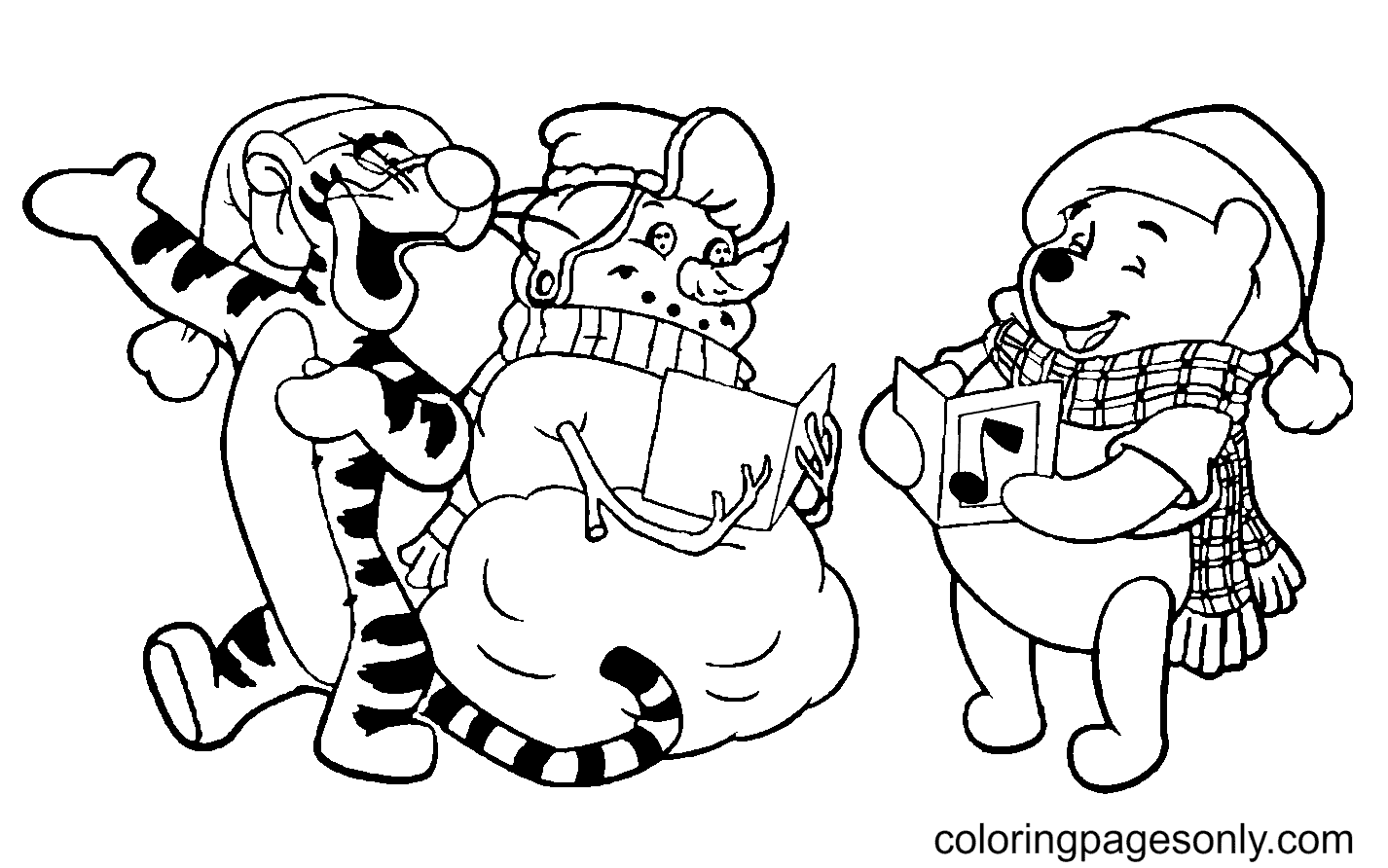Disney Christmas Pooh Tigger and Snowman Coloring Page