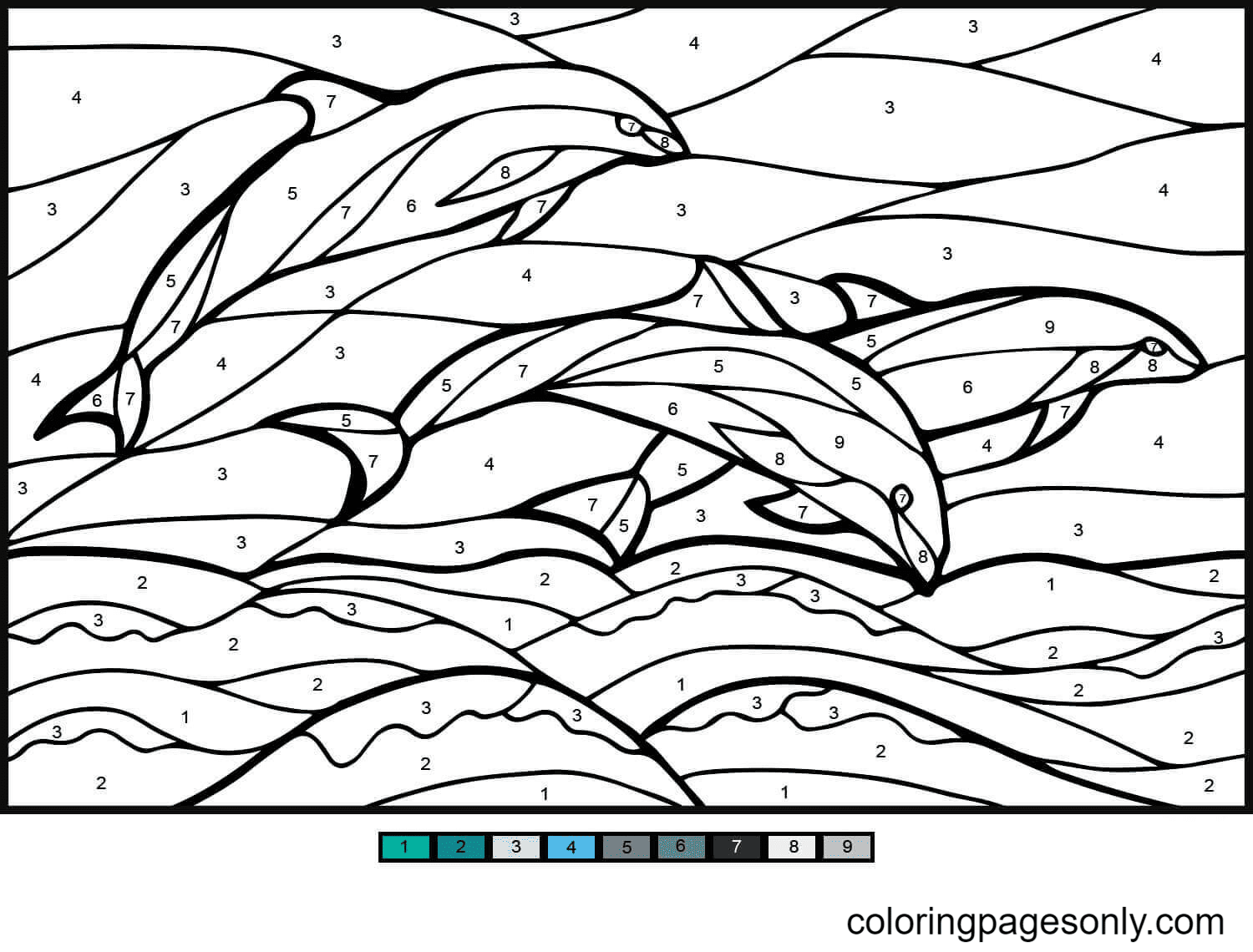 Dolphines Color by Number Coloring Page