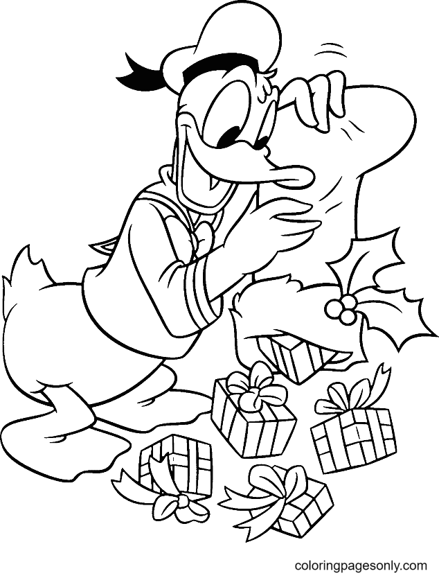 Donald Duck with Christmas Stocking Coloring Page
