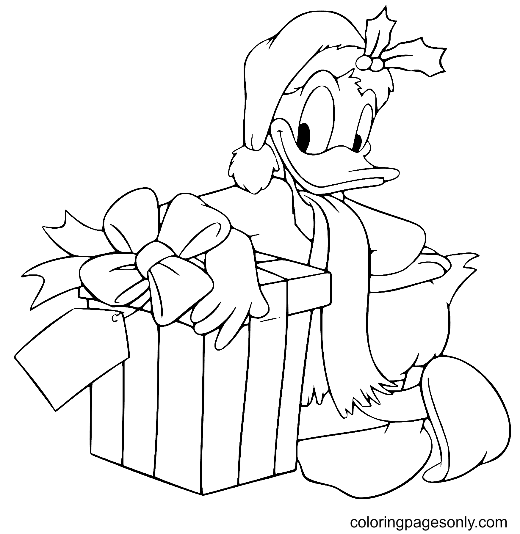 Donald leunend tegen het heden van Disney Christmas