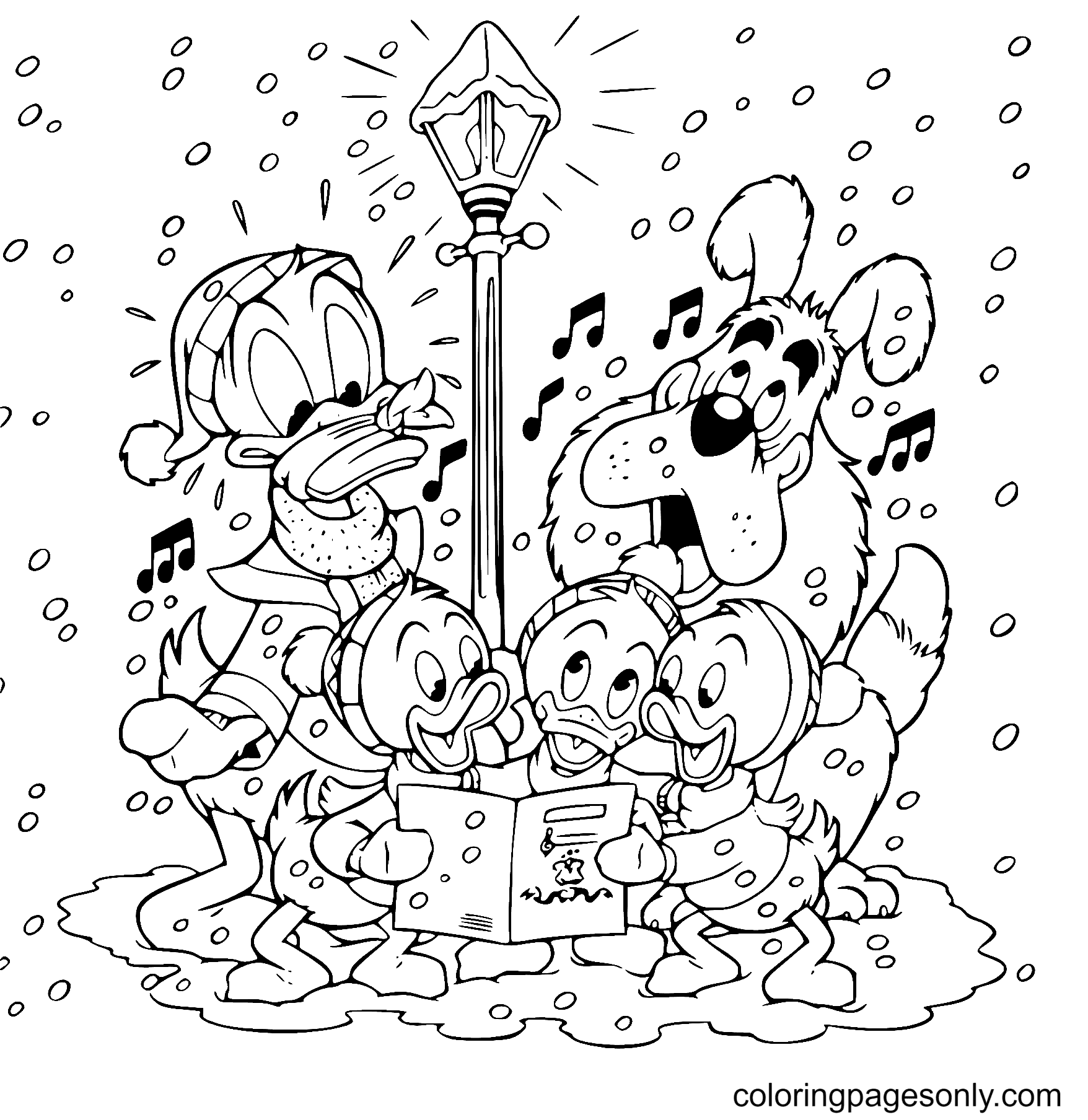 Donald Nephews Singing Carols – Disney Christmas Coloring Page