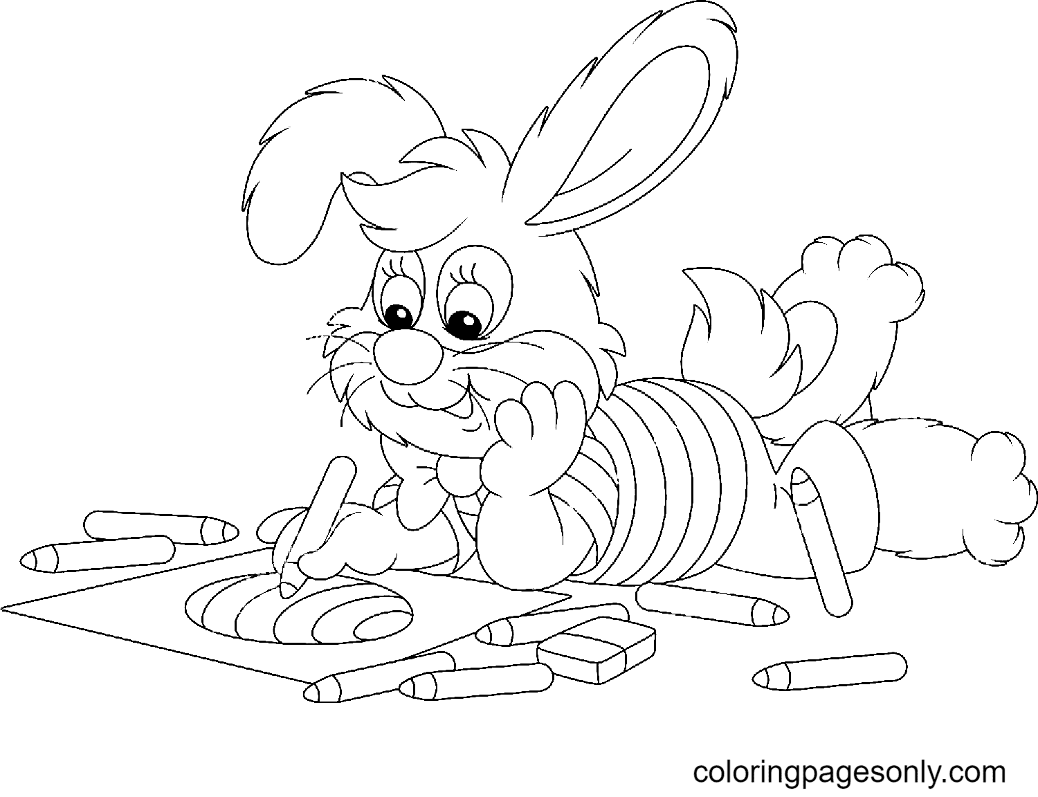 Easter Bunny Smiling and Drawing an Egg with Crayons Coloring Page