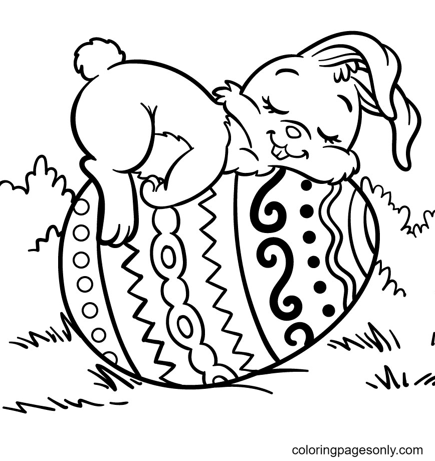 Desenho de coelhinho da páscoa descansando em um ovo para colorir