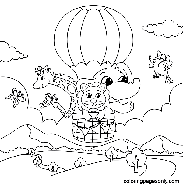 Elaphant and Friends in An Air Balloon Coloring Pages