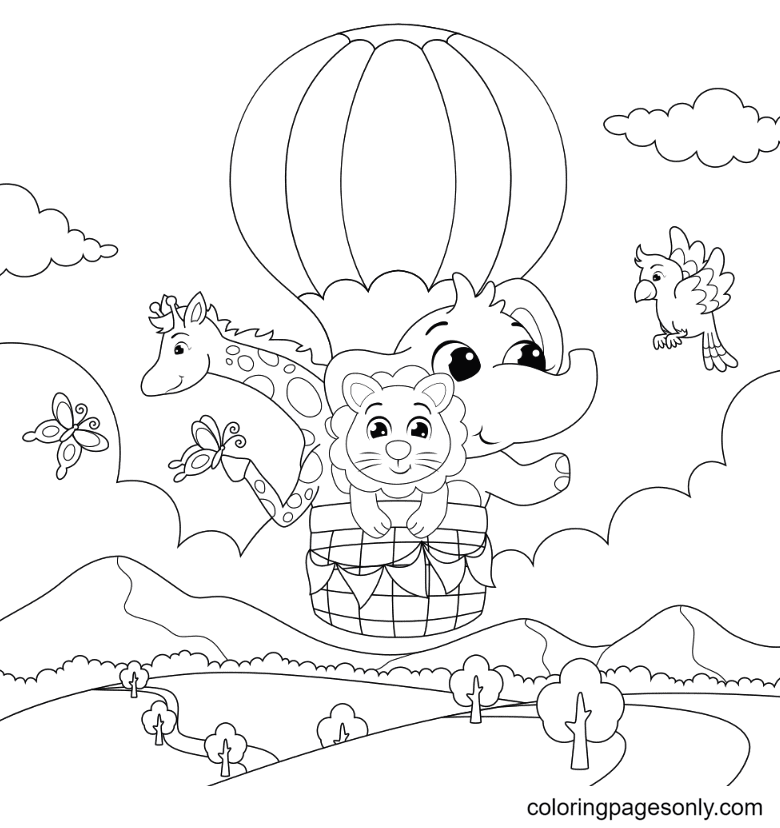 Elaphant And Friends In An Air Balloon Coloring Pages