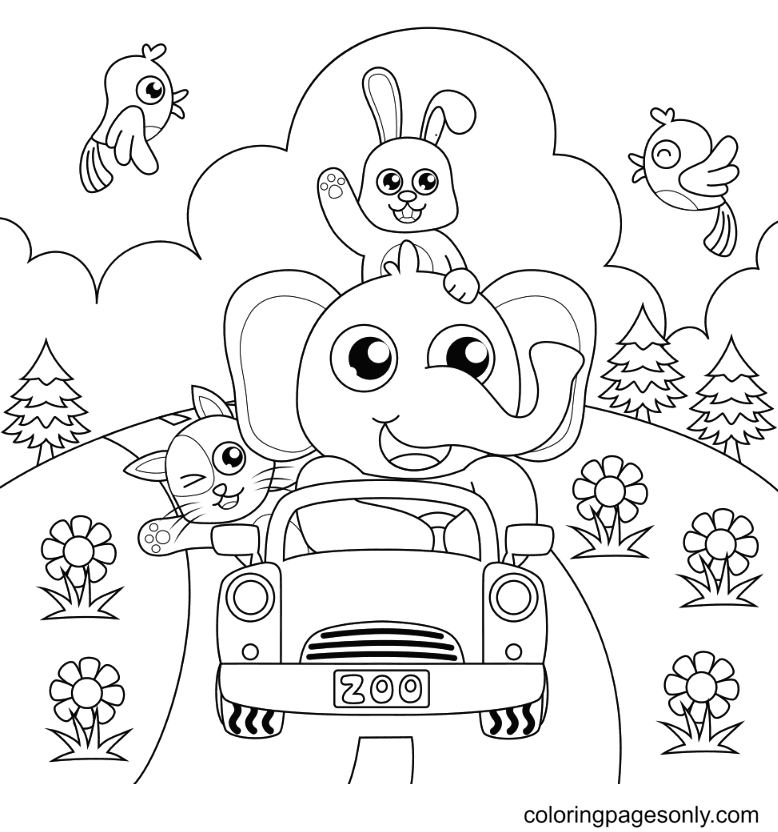 Elephant Driving a Car Coloring Page