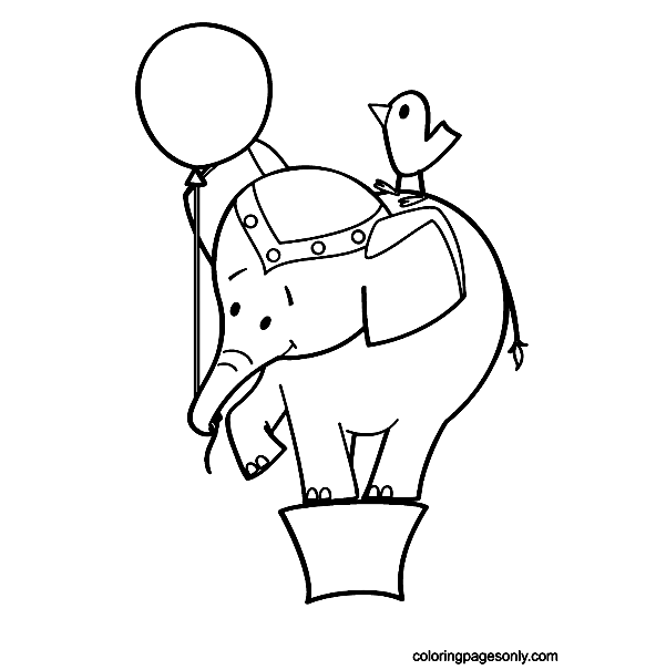 Elephant with Balloons and Bird Coloring Pages