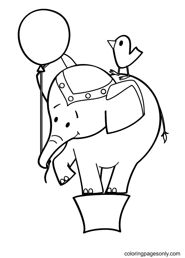 Elephant with Balloons and Bird Coloring Page