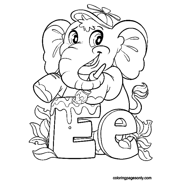 Elephant with Word E Coloring Pages
