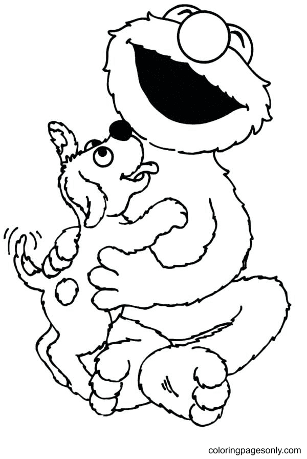 Elmo And A Lovely Dog Coloring Page