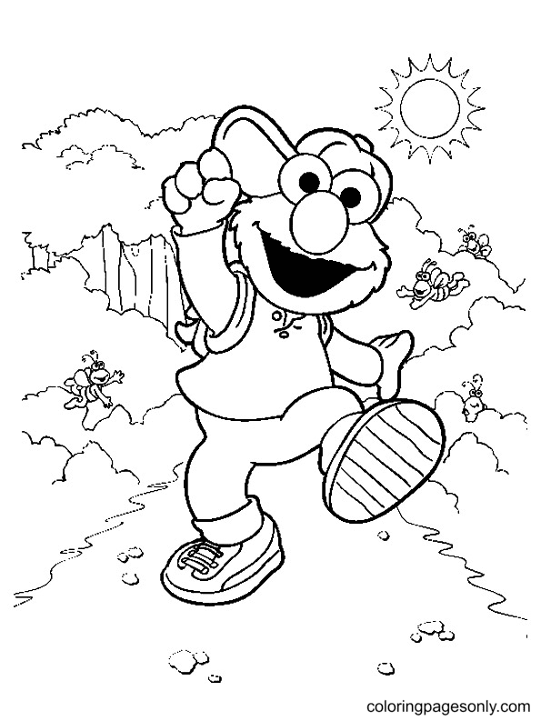 Elmo Walking through Nature During Sunny Day Coloring Page