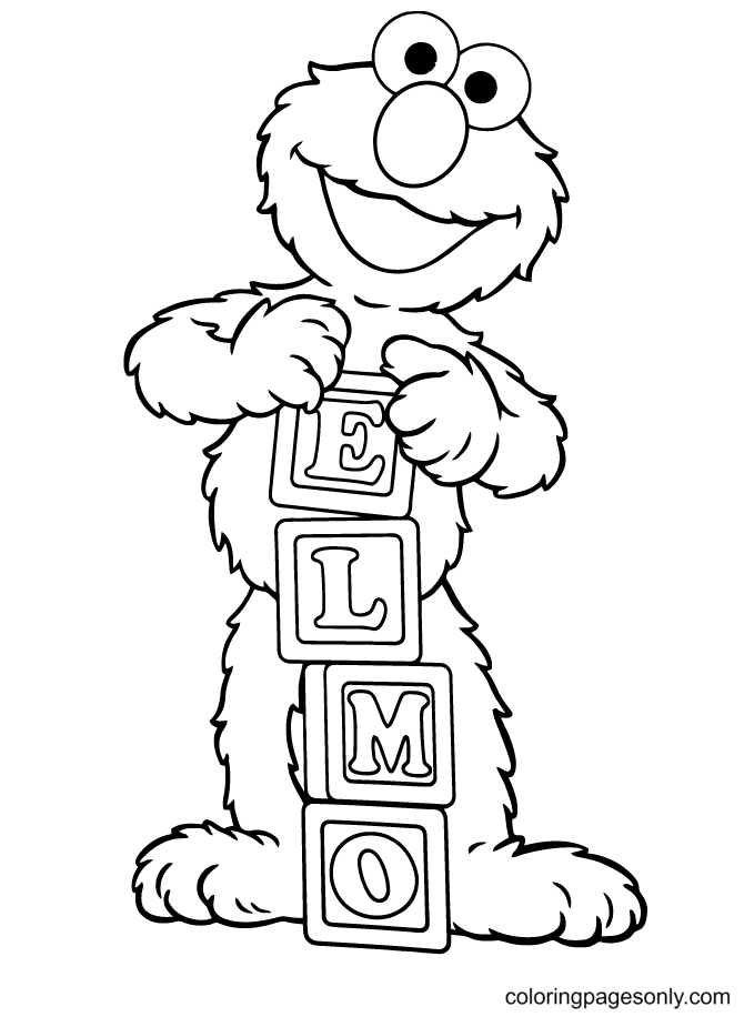 Elmo speelt met de alfabetblokken van Elmo