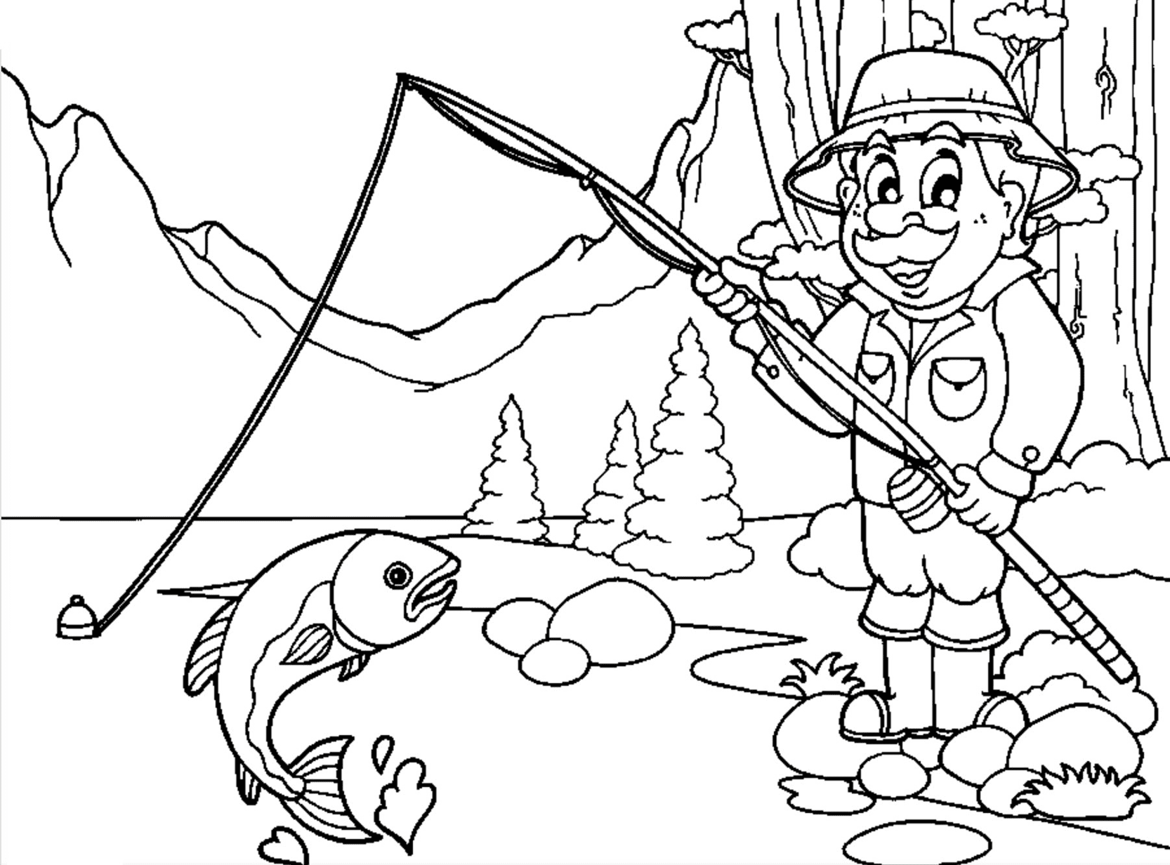 Pescatore su una pagina da colorare di paesaggio lacustre