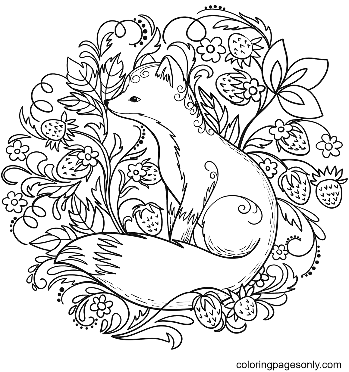 Fox And Strawberry Coloring Pages