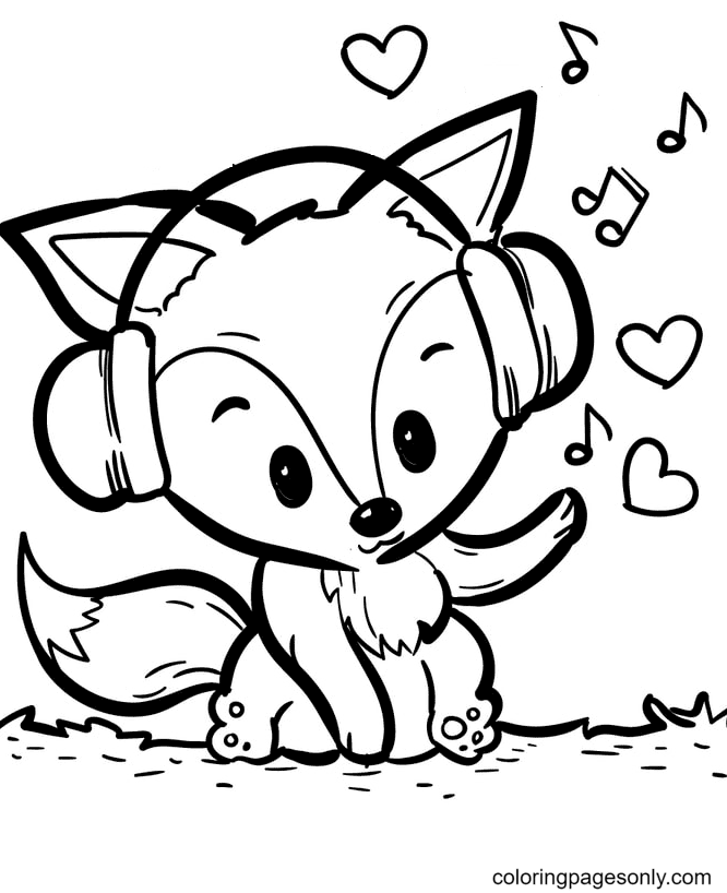 Fox Sitting And Wearing Headphones Coloring Pages