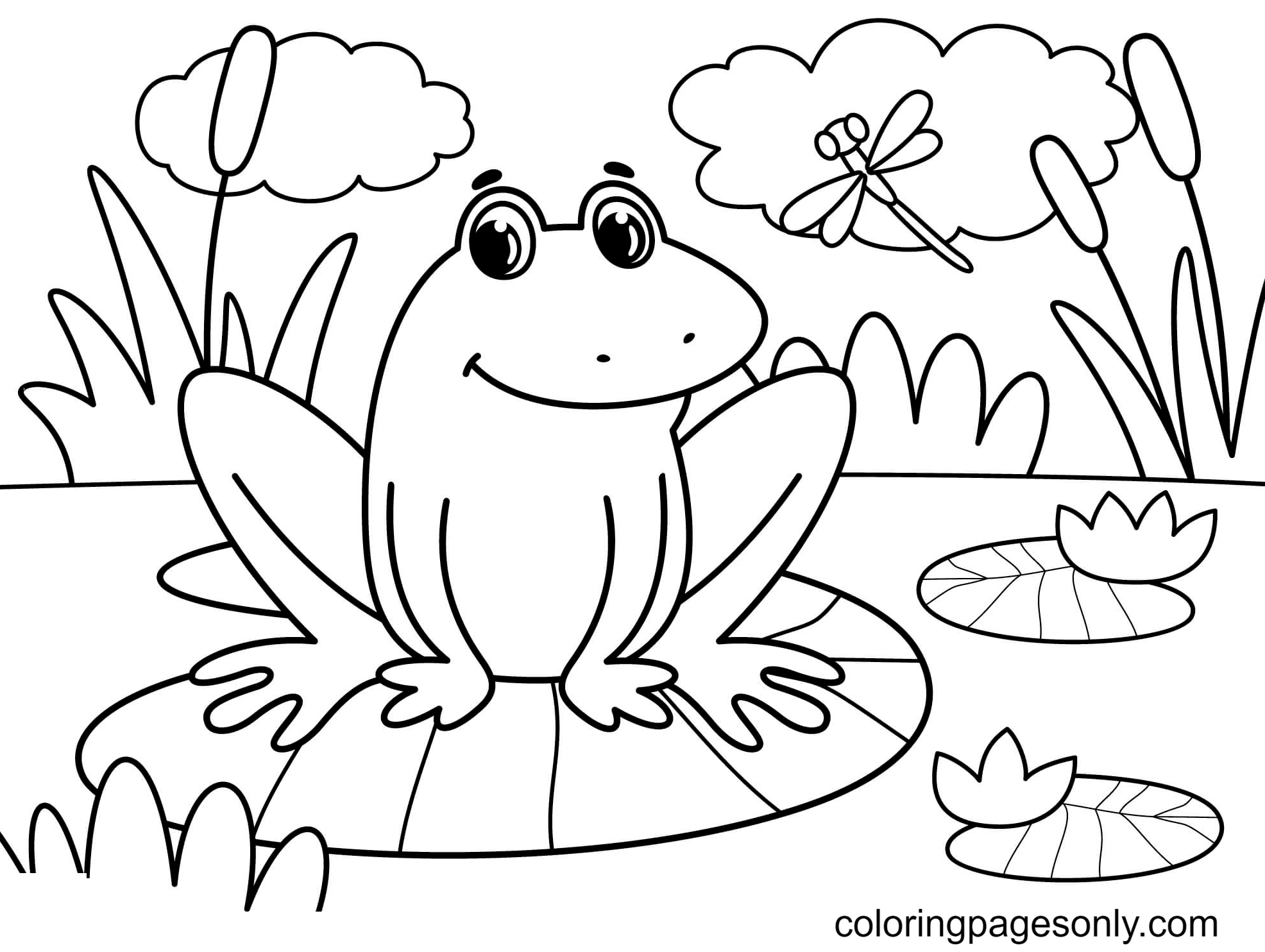 Frog Sitting On a Leaf Looking a Dragonfly Coloring Page