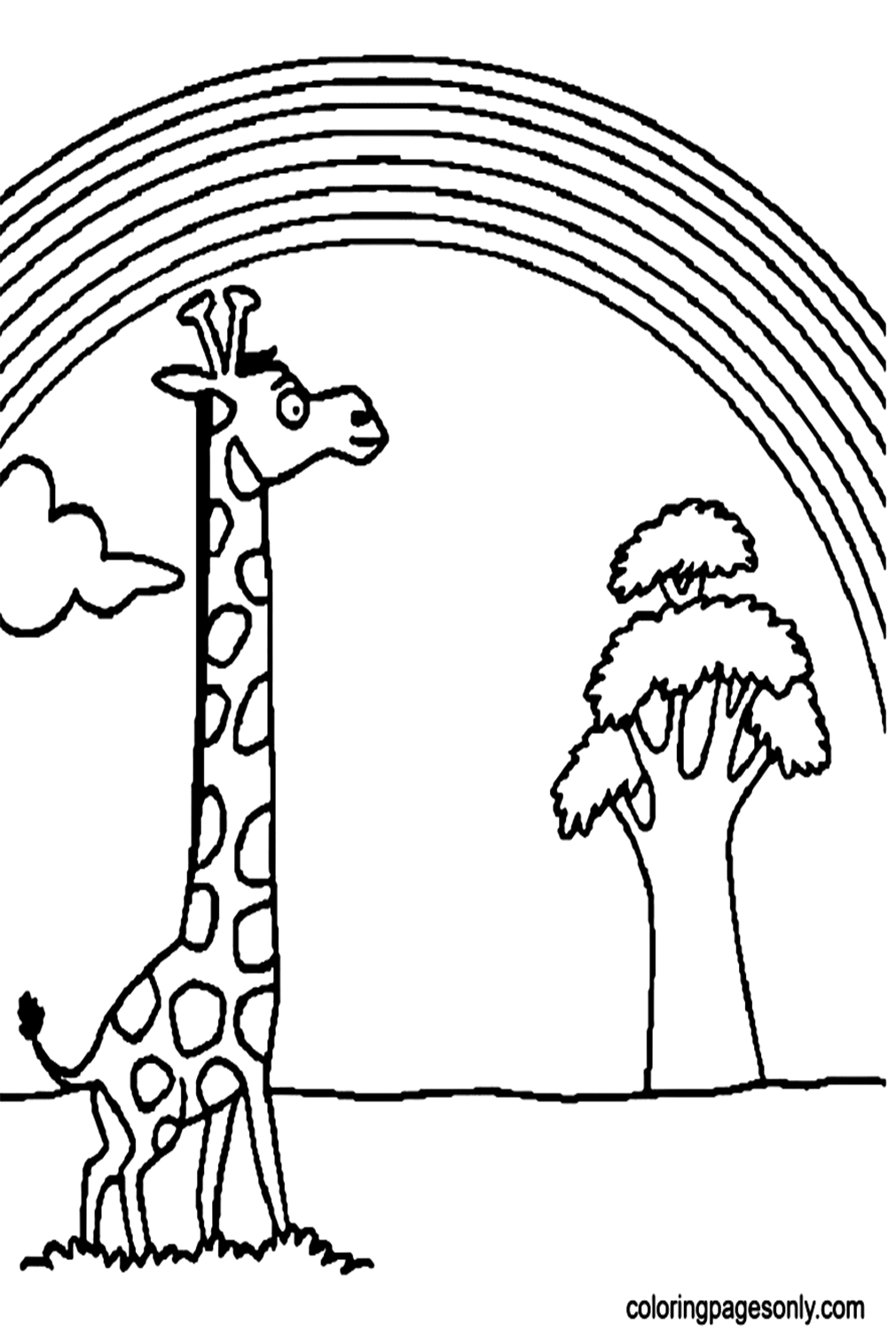 Giraffe Is Looking At The Rainbow Coloring Pages