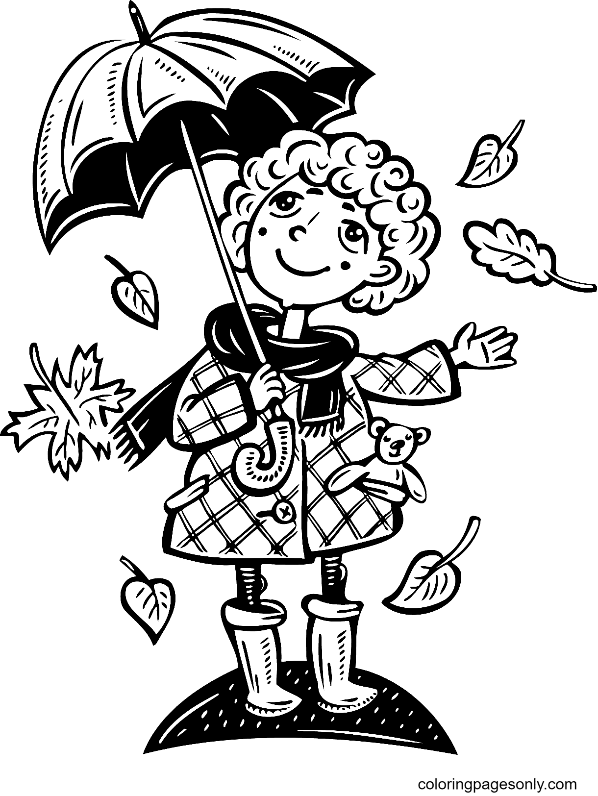 Meisje met een paraplu met vallende bladeren Kleurplaat