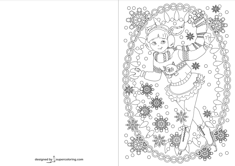 Girl Skating on Ice Card Coloring Page