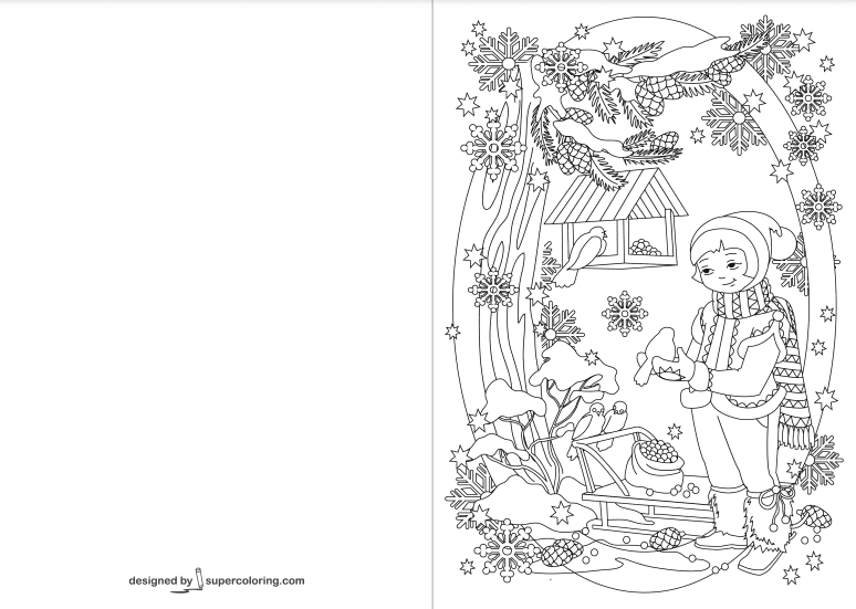 Girl is Feeding Birds in Winter Card Coloring Page