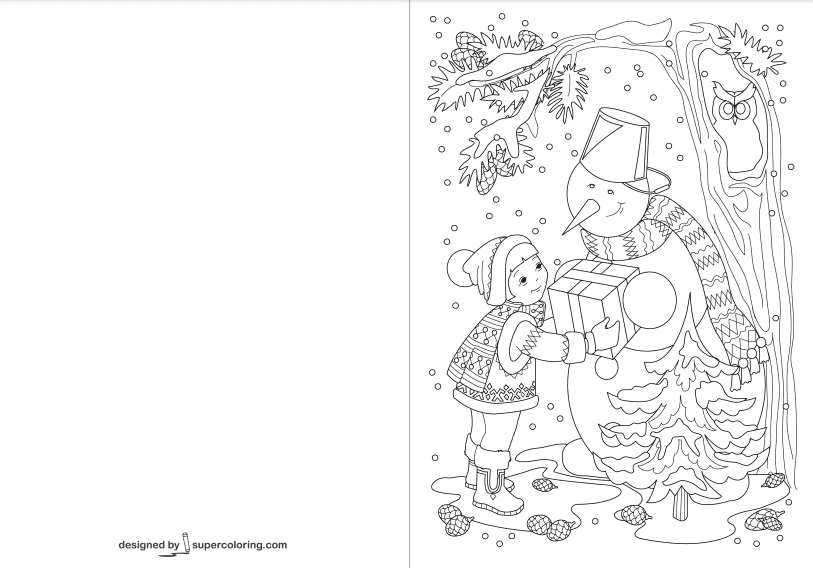 Girl is Giving Present to a Snowman Greeting Card Coloring Pages