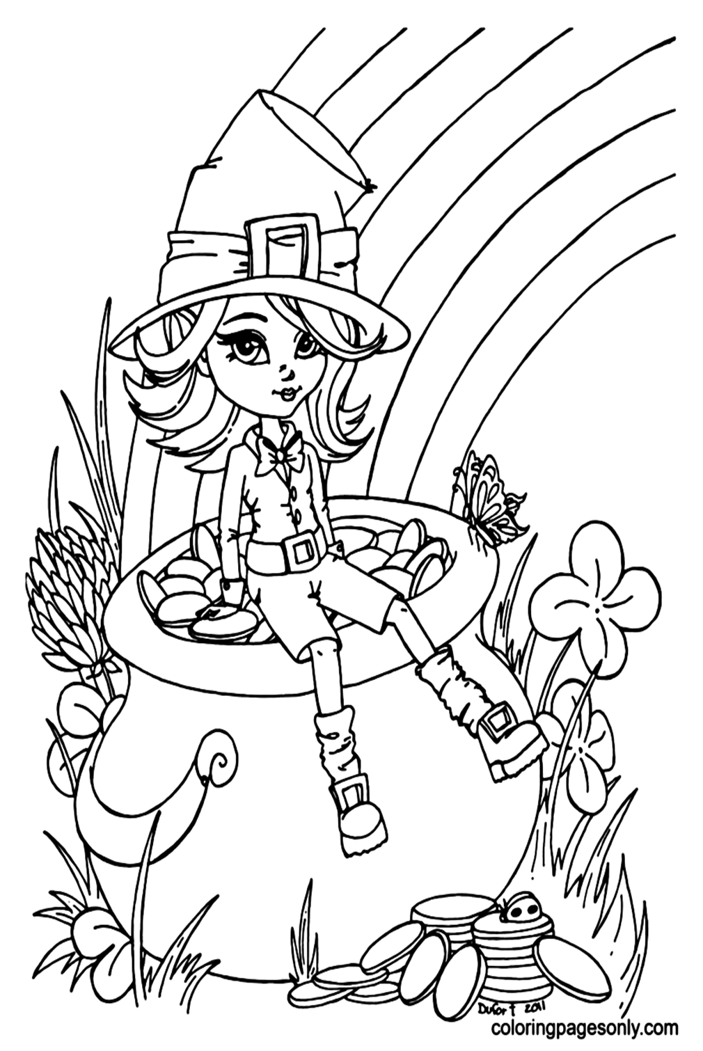 Girl On A Rainbow Background Coloring Pages