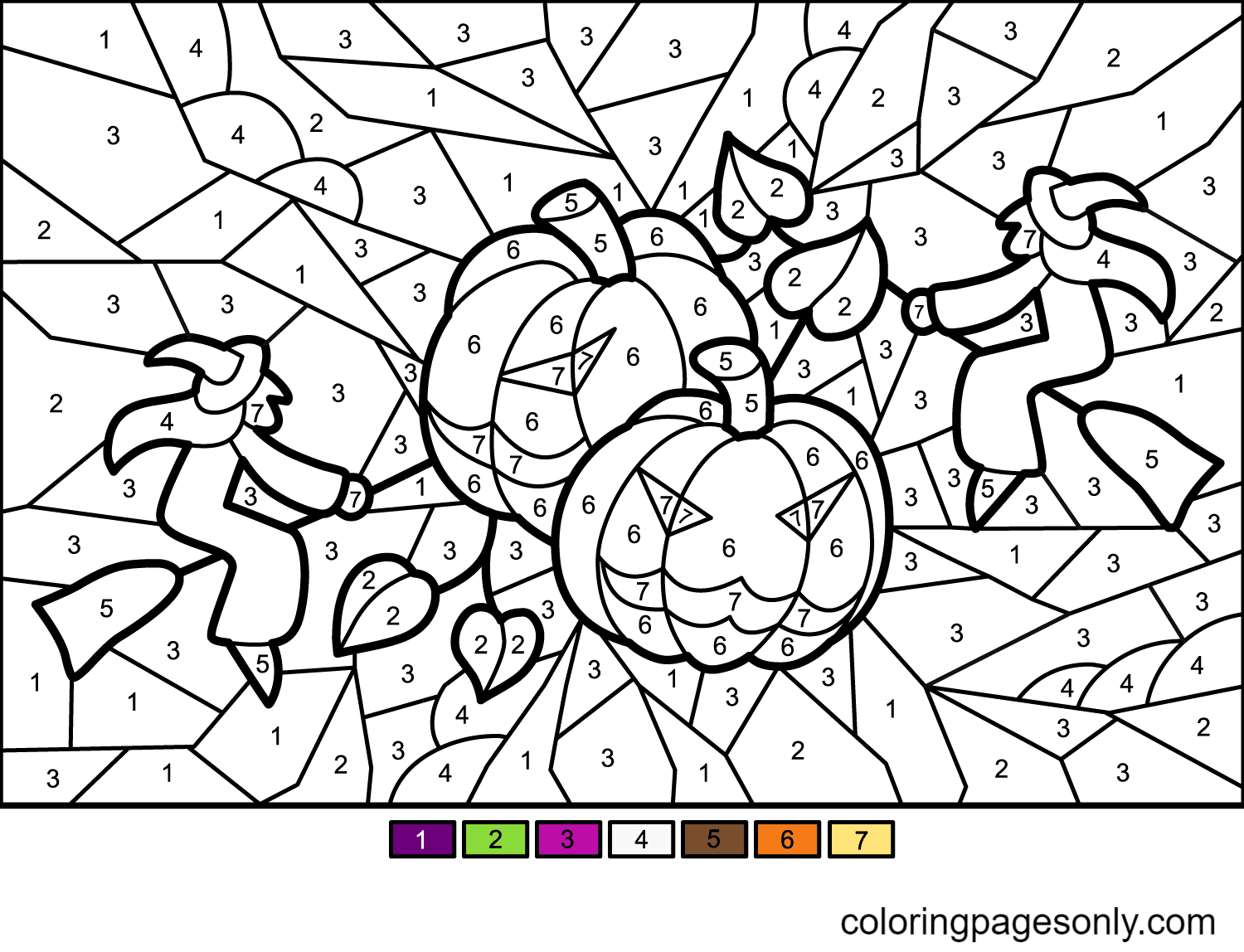 Halloween-pompoenen en heksen Kleur op nummer van Kleur op nummer