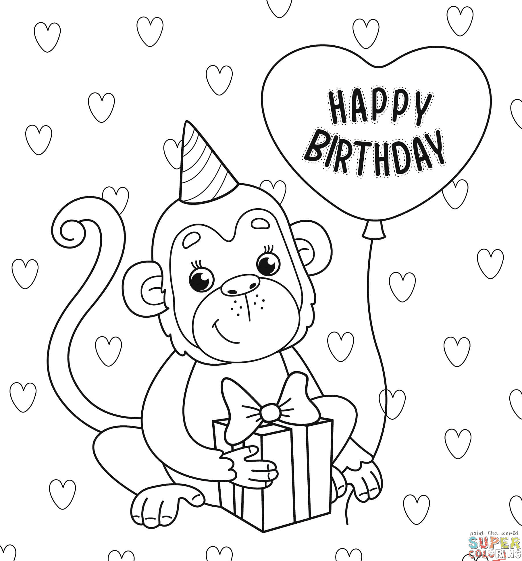 Happy Birthday Monkey Coloring Page