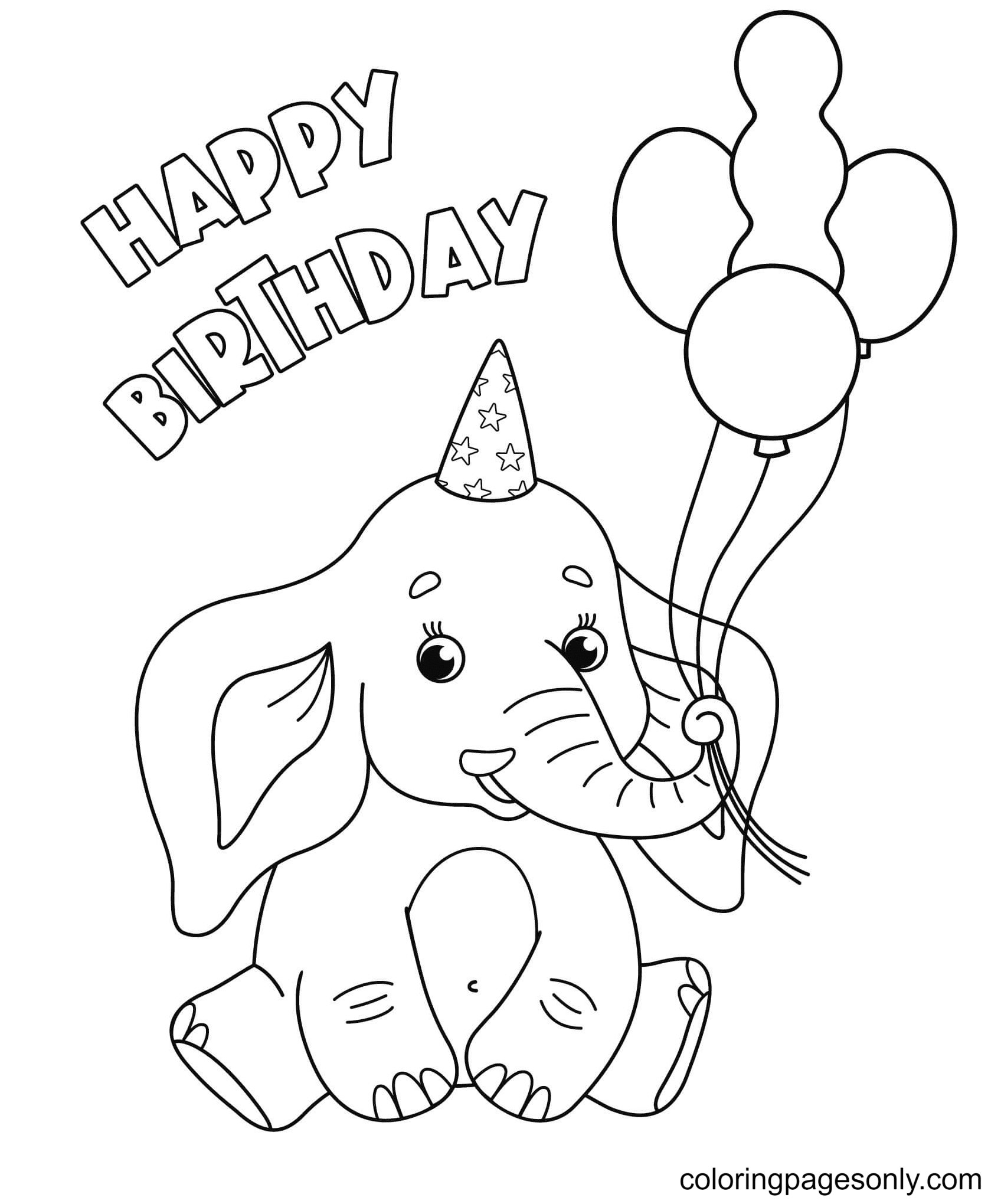 Happy Birthday with Elephant Coloring Page
