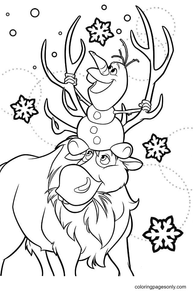 Happy Olaf and Sven Coloring Page