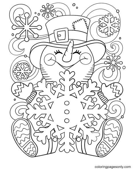 Happy Snowman with Snowflakes Coloring Page