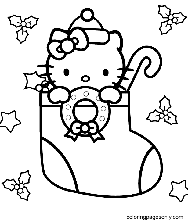 Раскраска Hello Kitty в рождественских чулках