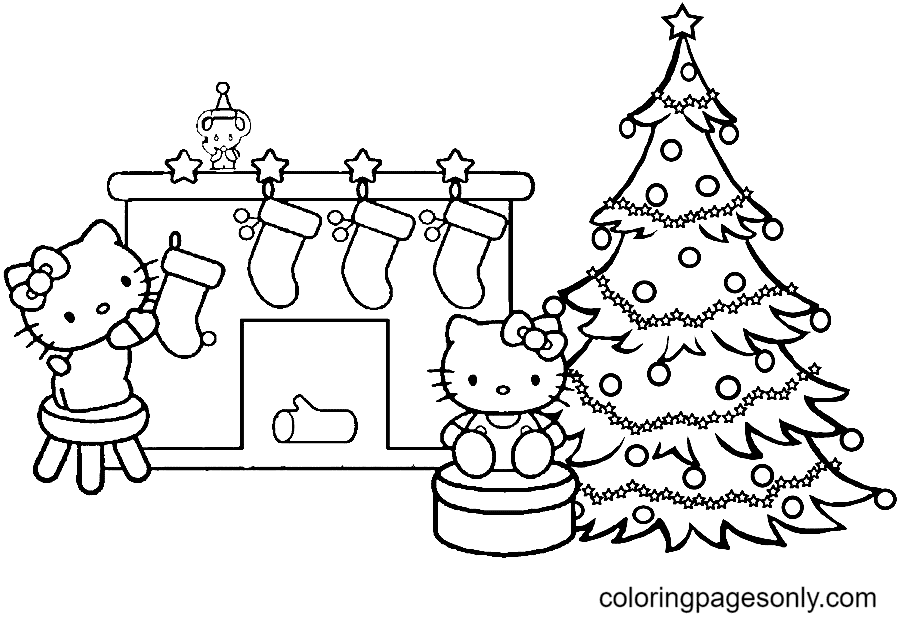Hello Kitty with Christmas Stocking Coloring Page
