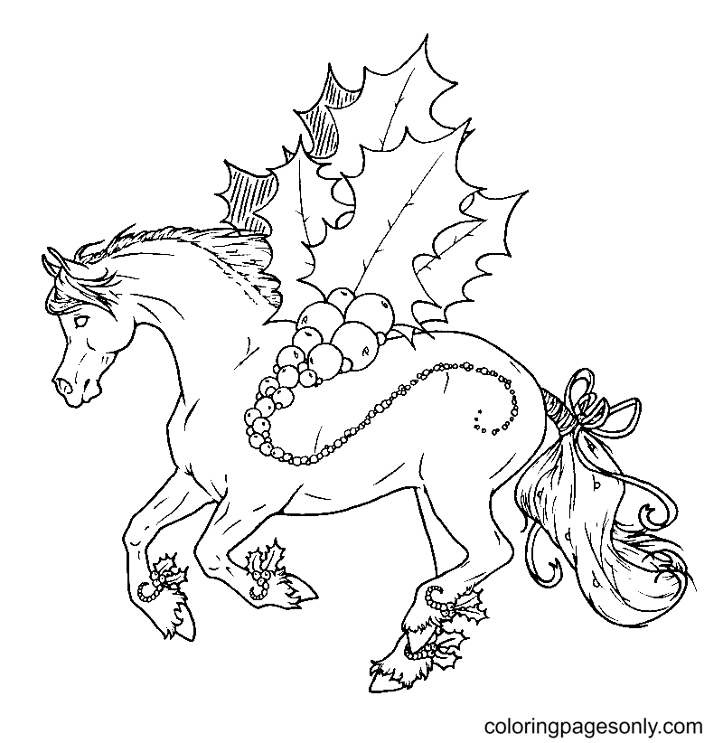 Holly Christmas with Horse Coloring Page