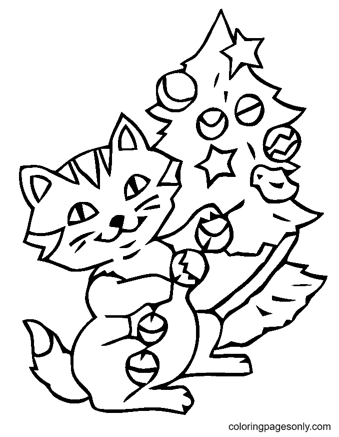 Kitten Christmas Coloring Page